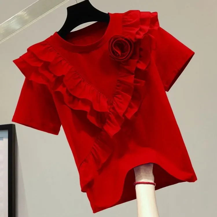 

Модные универсальные белые топы с короткими рукавами Mujer, новинка лета 2021, футболка для женщин Y2k, лоскутная футболка с круглым вырезом и оборками