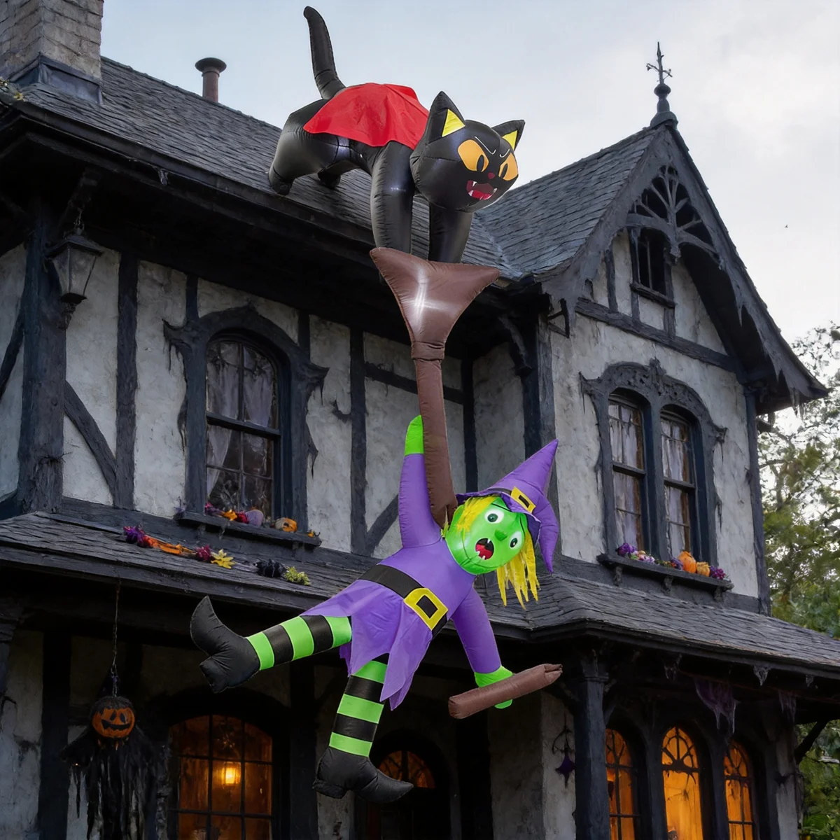 Home Decor Quirky - Ourwarm 12FT Halloween Inflatable Cat-Pulled Witch