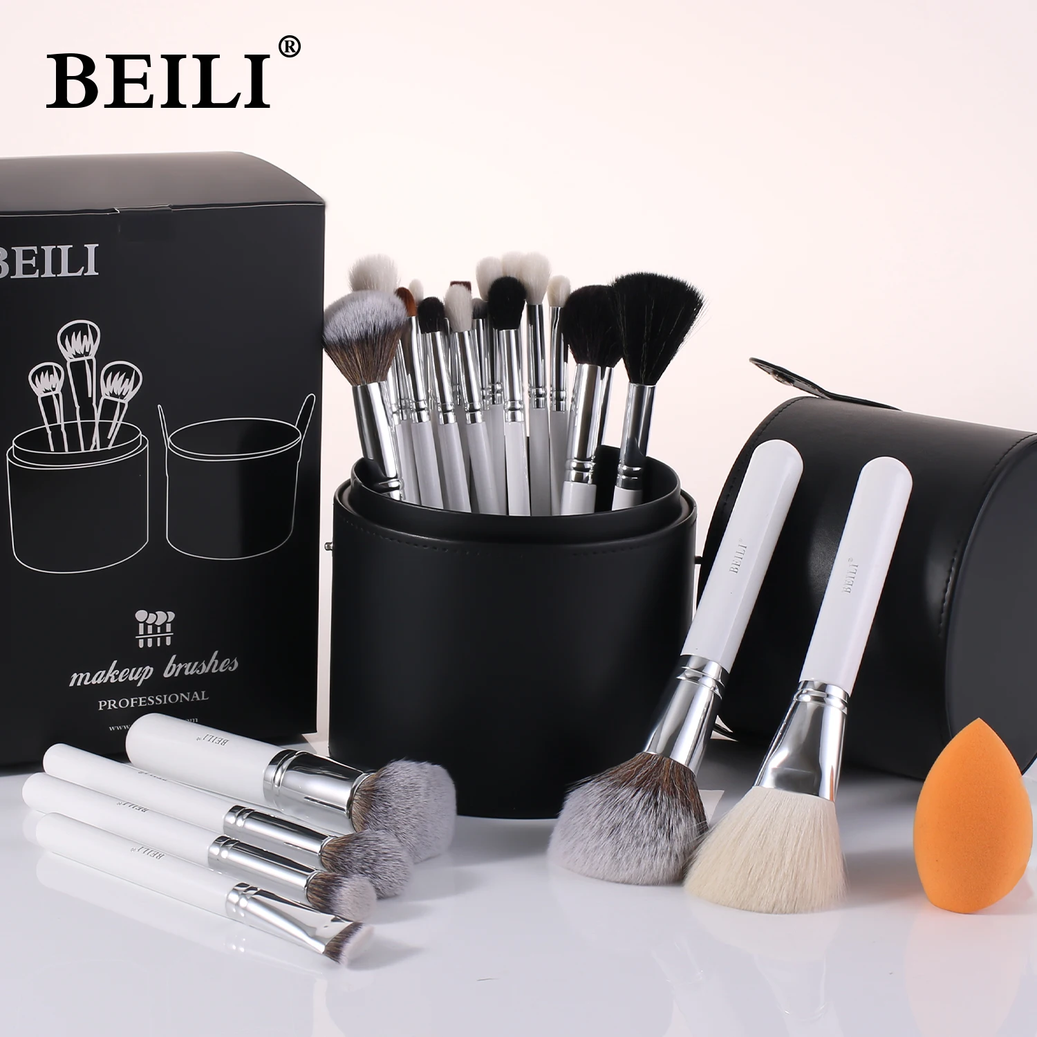 Beili pincéis de maquiagem conjunto 24 pçs compõem ferramentas para mulheres fundação pó sombra blush escova natural cabelo cabra branco/prata