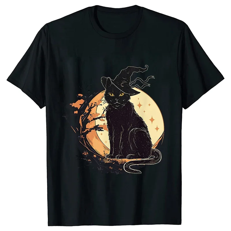 Women\'s Spooky Cat Print Tee Shirts Casual Female Halloween Black Cat T Shirt New Fashion Design Streetwear Women Tshirt Top