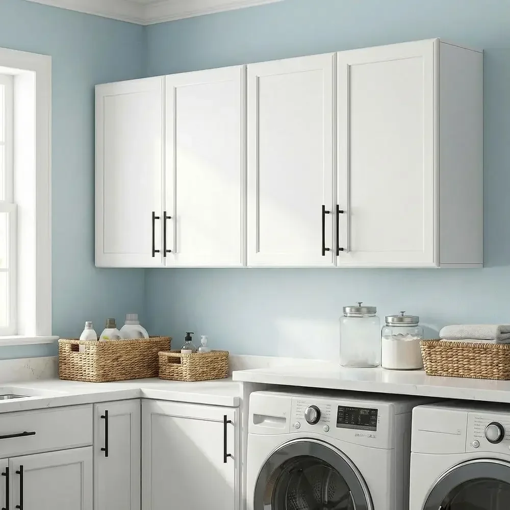 47-inch White Wall-Mounted Laundry Room Upper Cabinet with Adjustable Shelves, Ideal for Kitchen and Bathroom Storage
