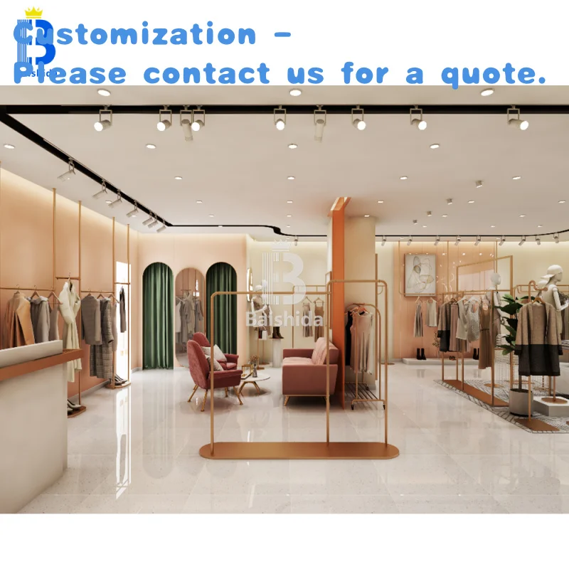 

Изготовленный на заказ. Индивидуальный дизайн бутикового цельного магазина. Золотая витрина из МДФ. OEM ODM. Стойка для одежды. Стеллажи для выставки товаров.
