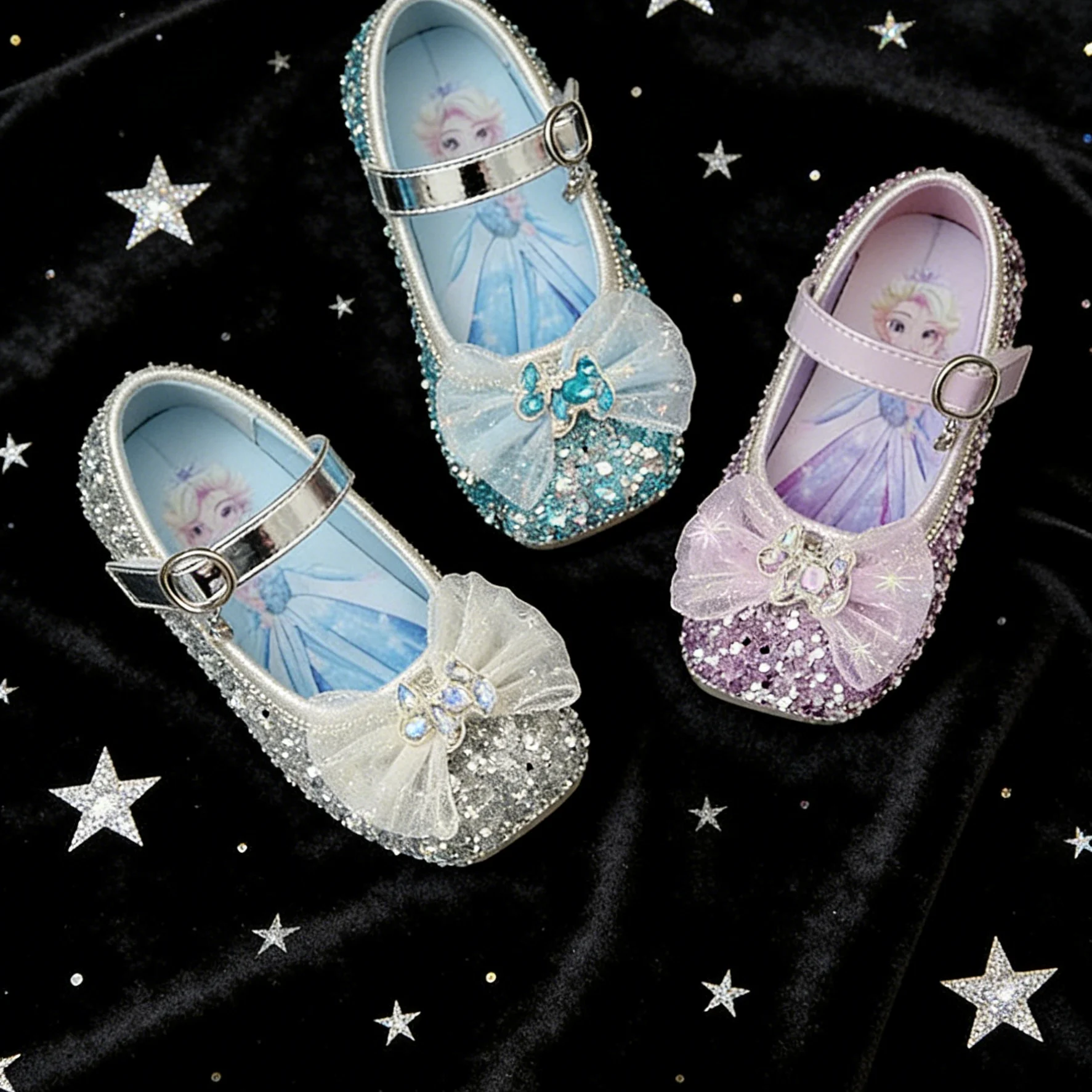 

Детская повседневная обувь, туфли из искусственной кожи с кристаллами и блестками, туфли Эльза, весенняя обувь для девочек, серебристо-синие туфли на липучке, размеры 23-34