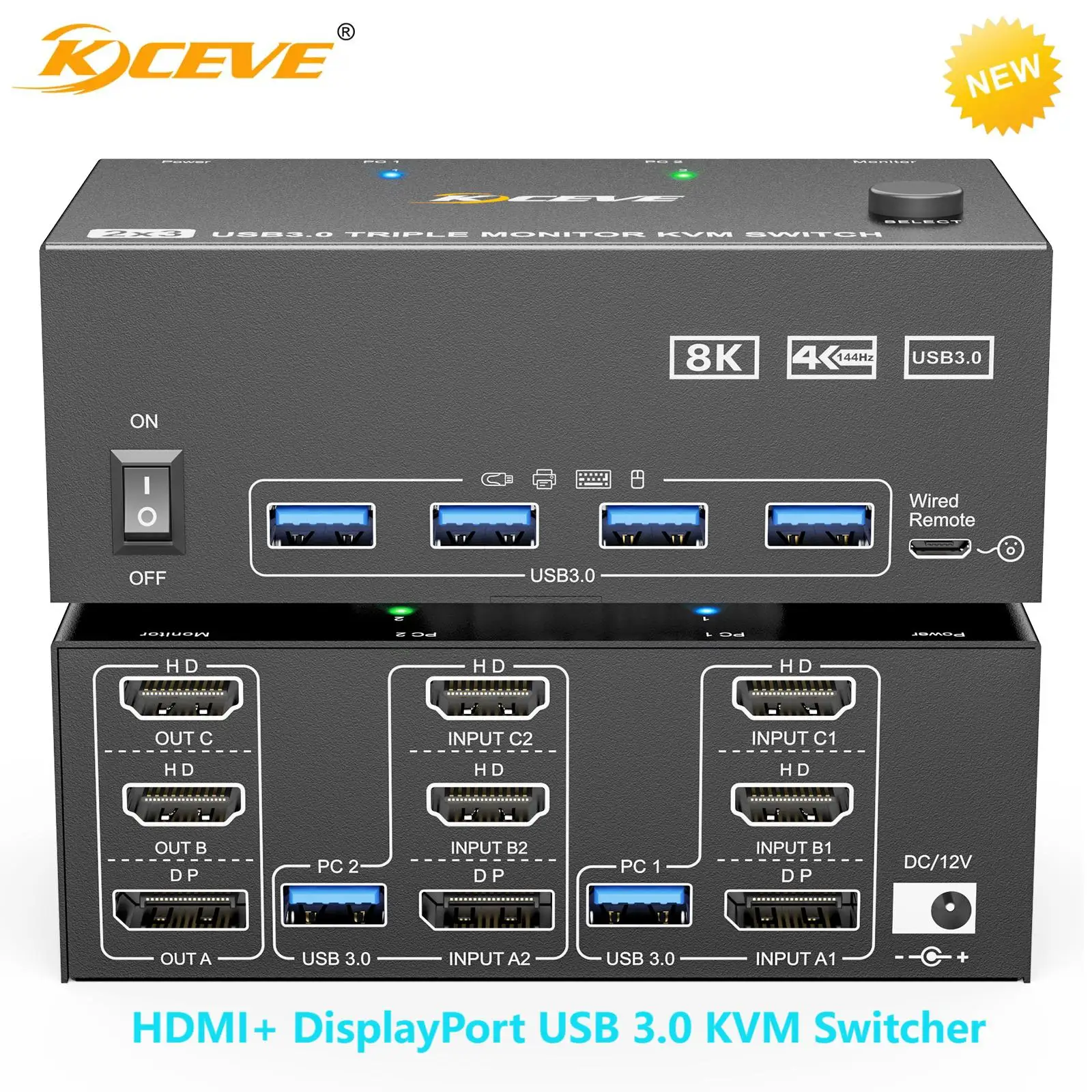 KVM Switch 2 Computers 3 Monitors HDMI+ DisplayPort,KCEVE USB 3.0 KVM Switcher 8K@60Hz/4k@144Hz Triple Monitor DP KVM for 3 PCs