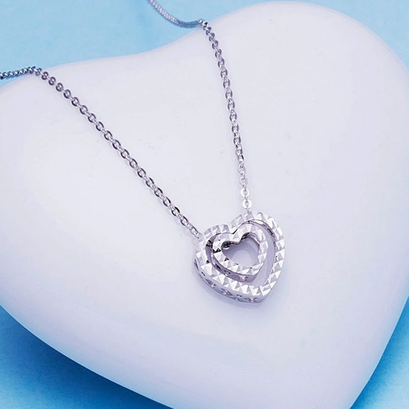 

PT950 Real Pure Platinum 950 Chain Women Gift Double Heart Pendant O Link Necklace 4g / 45cm