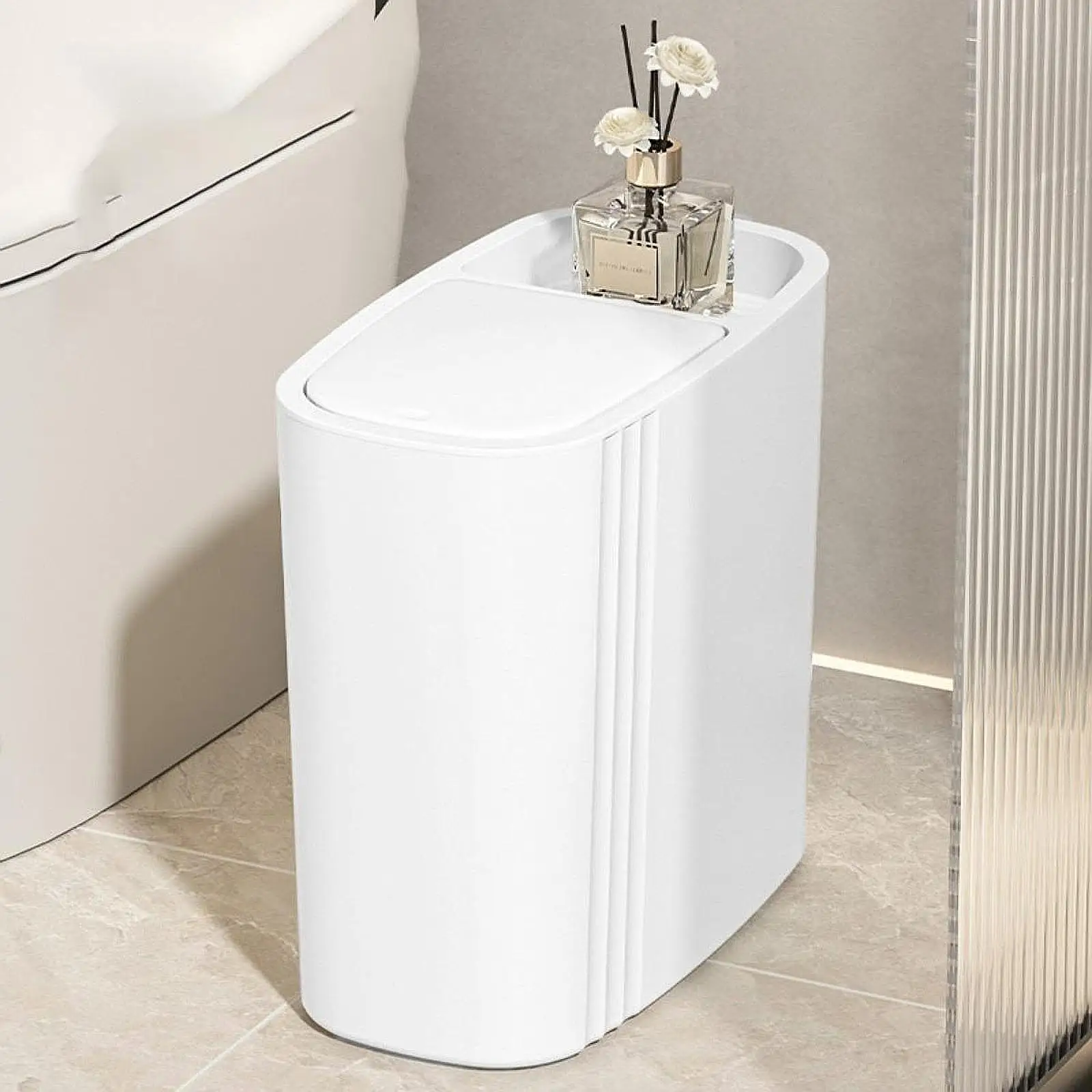 

Plastic Bathroom Trash Can 12l with Touch Lid Modern Garbage Container for Cabinet Sink Living Laundry Toilet Dorm