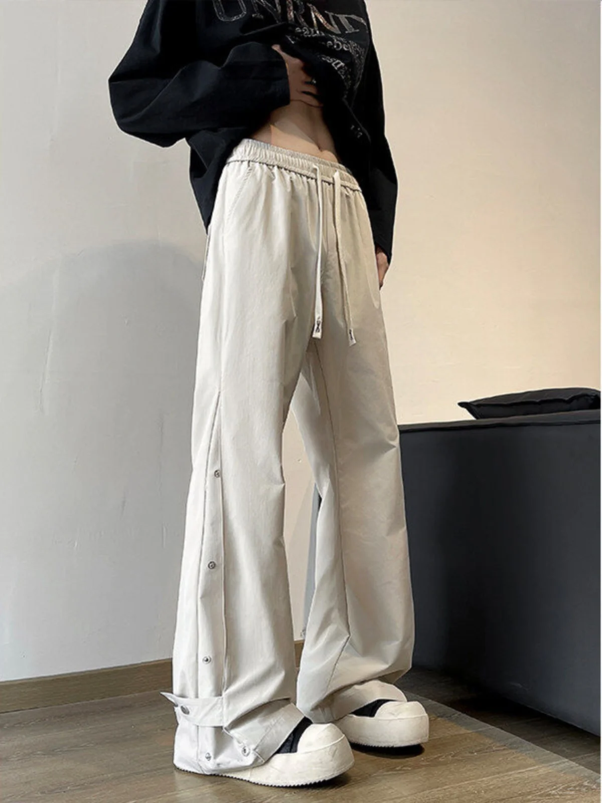 

Soft ell Tee-Proof Casual Pants Men's Spring Autumn Side Button Workwear Pants American High Street Loose Flared Pants