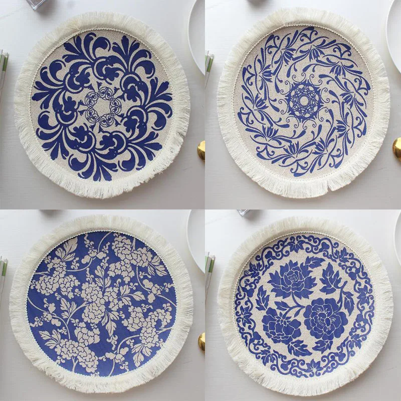 Table decoration and accessories blue and white porcelain round braid Printed table place mat tassels placemat coaster kitchen