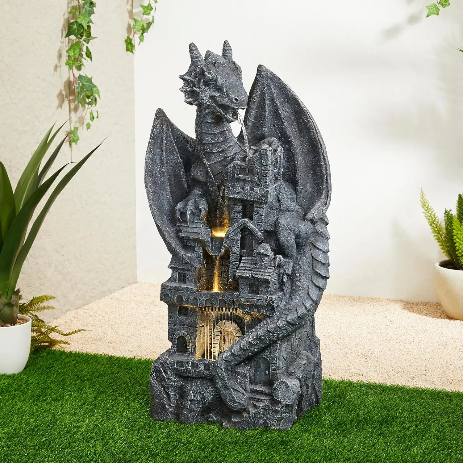 

37"H 4 Tiers Resin Waterfalls Water Fountain, Mystical Gothic Dragon Perched Atop The Castle Sculptural with Pump & LED