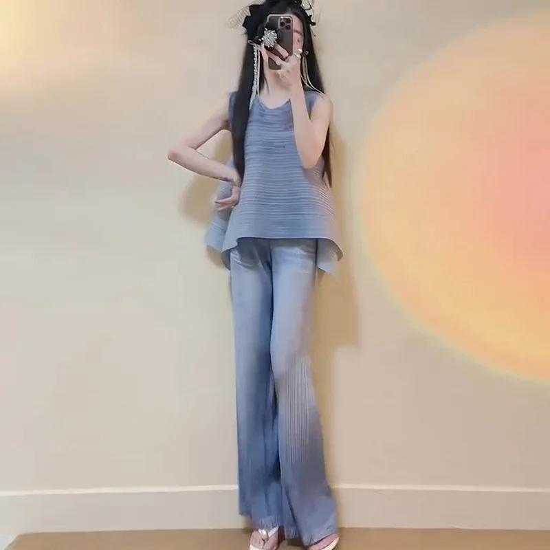 Women's Fashion Casual Suit Miyake 2025 Summer New Loose Sleeveless T-shirt Top High Waisted Straight Trousers Two Piece Set