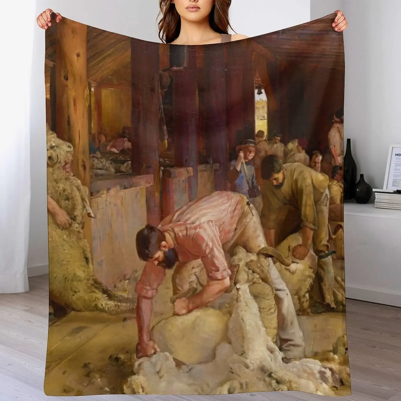 

Shearing the Rams by Tom Roberts (1890) Throw Blanket All Season Soft Lightweight Blanket for Home