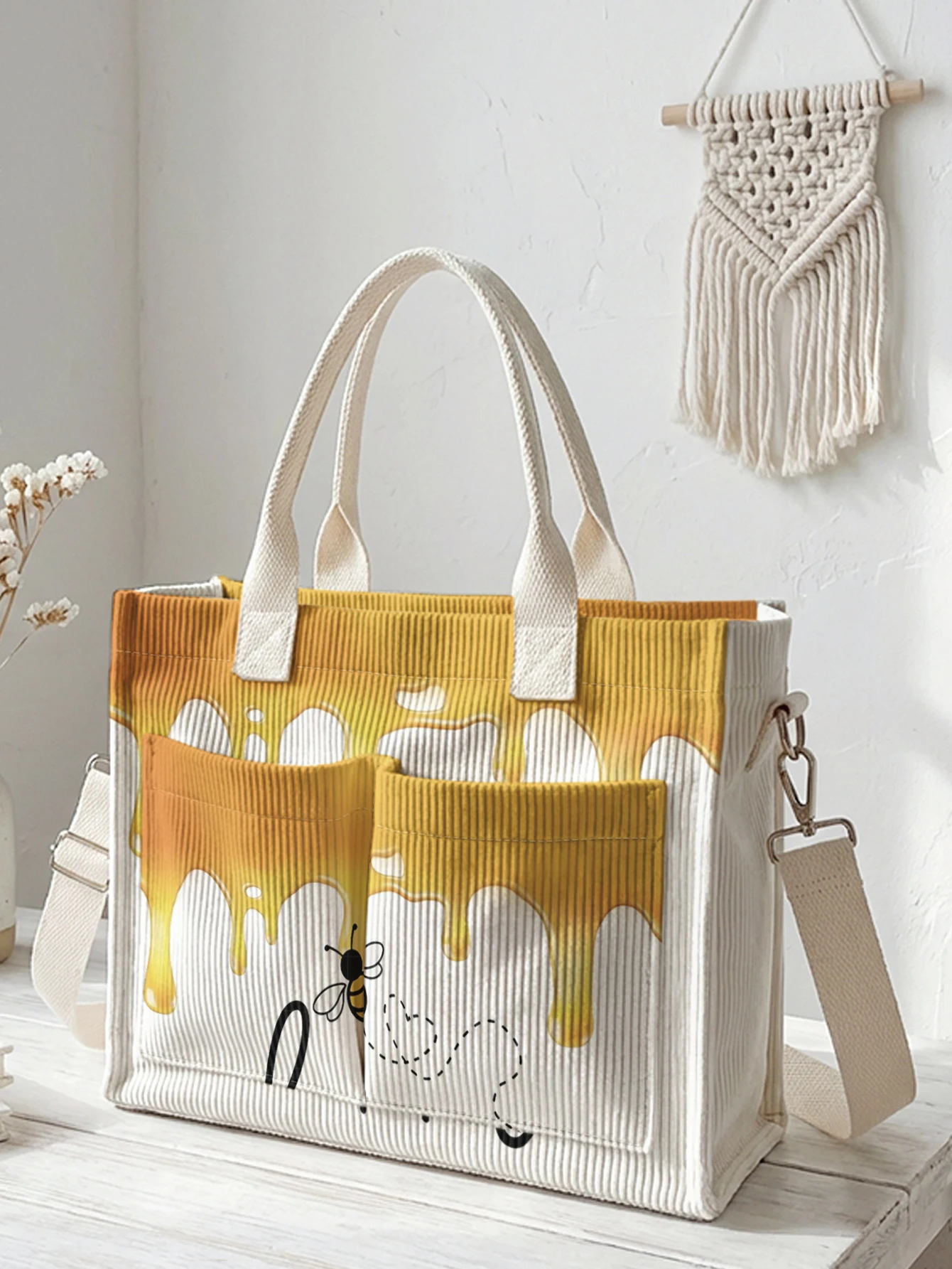 

Honey Drip & Bee Print Corduroy Tote Bag Large Capacity Multi Pocket Bee Lover Commuter Shoulder Bag