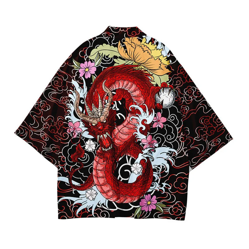 New Arrival Japanese Style Dragon Print Traditional Kimono Men Yukata Cardigan Shirts Cosplay Haori Oversized Streetwear Tops