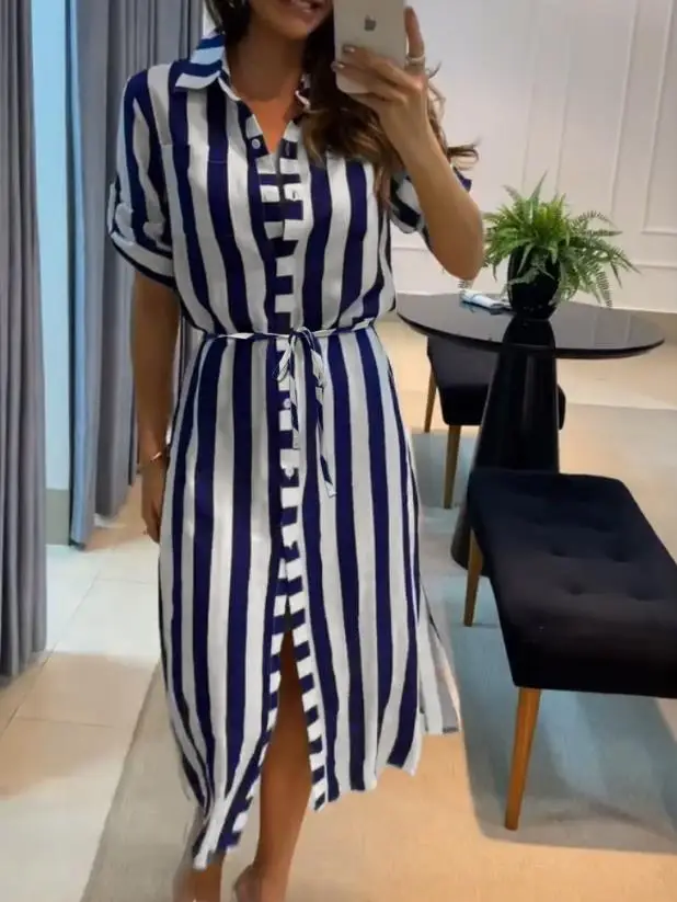 Womens Dresses 2025 Summer New Fashion Striped Turn-Down Collar Short Sleeve Casual Slit Lace Up Daily Blouse Dress