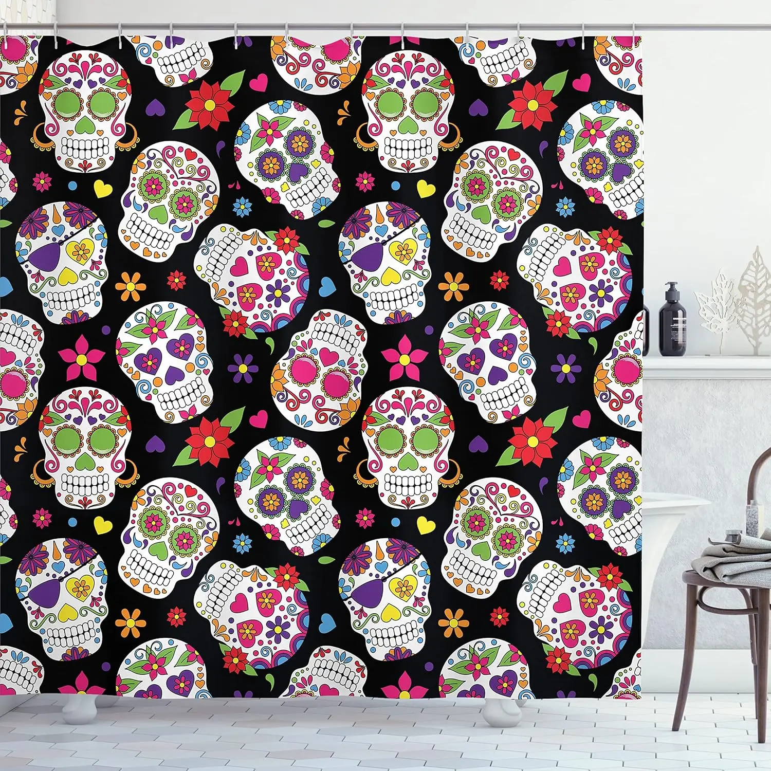 

Sugar Skull Shower Curtain, Graveyard Mexico Design on Black Backdrop Print, Cloth Fabric Bathroom Decor Set with Hooks,Black