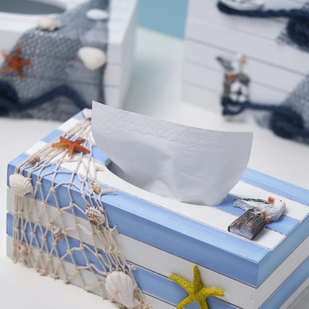 

Beach Room Decor Mediterranean Style Tissue Storage Box Ocean Themed Wooden Napkin Holder Decorative Paper Box Living Room