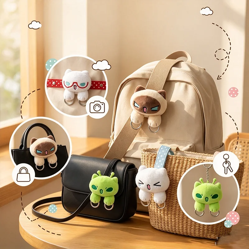 Cute Cartoon Cat Plush Keychain Funny Expression Kitten Strap Key Ring Bag Pendant Fluffy Animal Hanging Ornament Backpack
