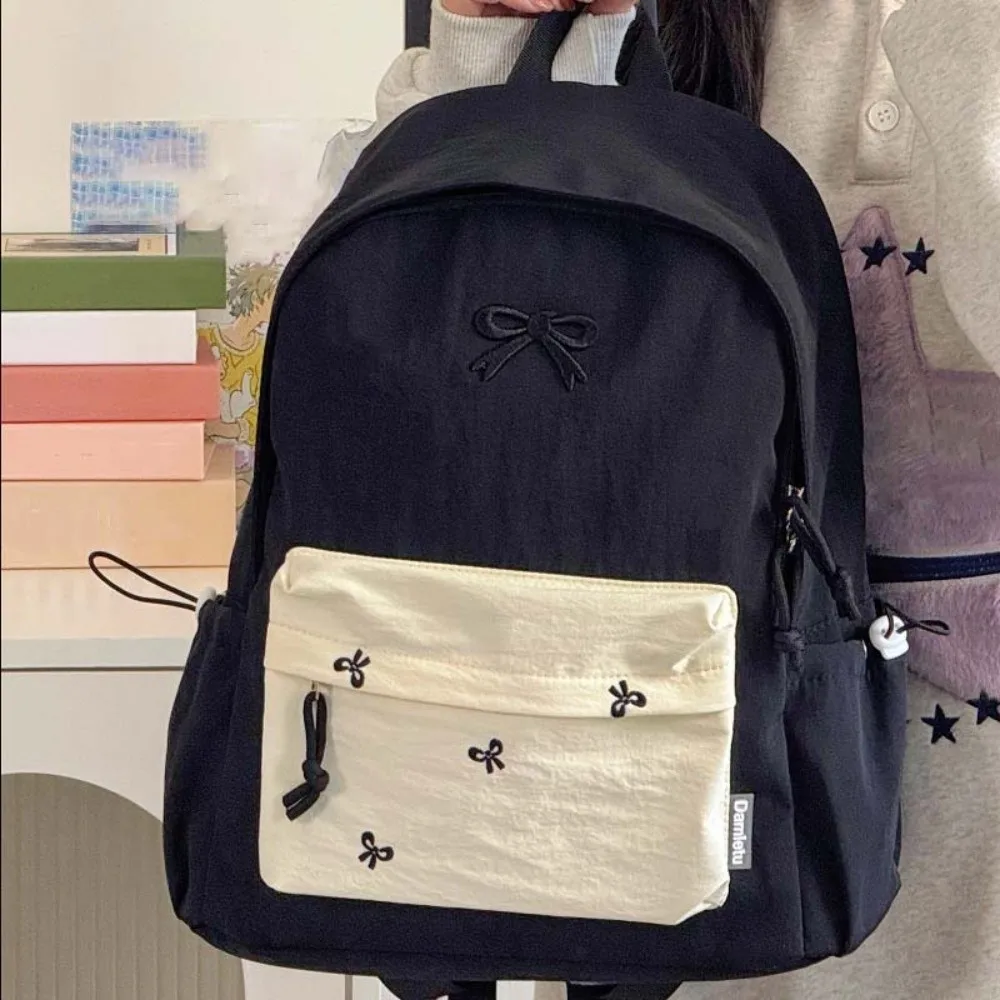 Daypack Canvas Bow Backpack Casual Contrast Color Students School Bag Embroidered Scratch Prevention Large Capacity Backpack