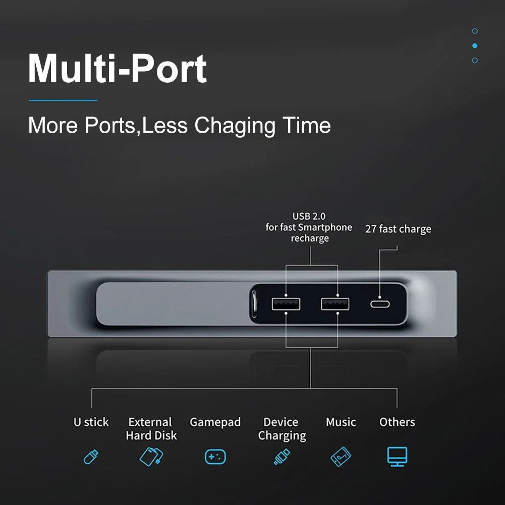 Carro USB Hub Docking Station, 3-em-1, Console Central, 27W de Carregamento Rápido, 3 Portas, Extensão Divisor Alimentado, Fit para Tesla Modelo 3, Y