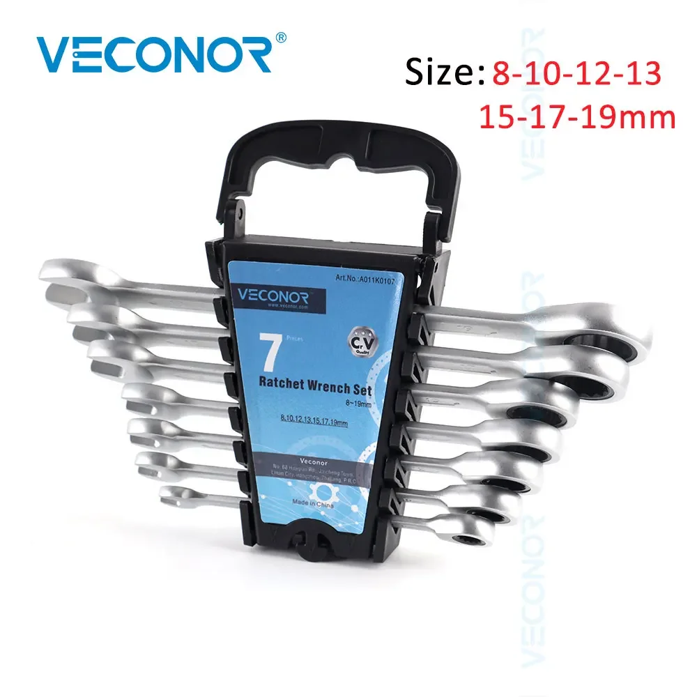 7-Piece Ratchet Wrench Set of Keys 8-19mm 72-Teeth Ratcheting Head Dull Polished with Rack