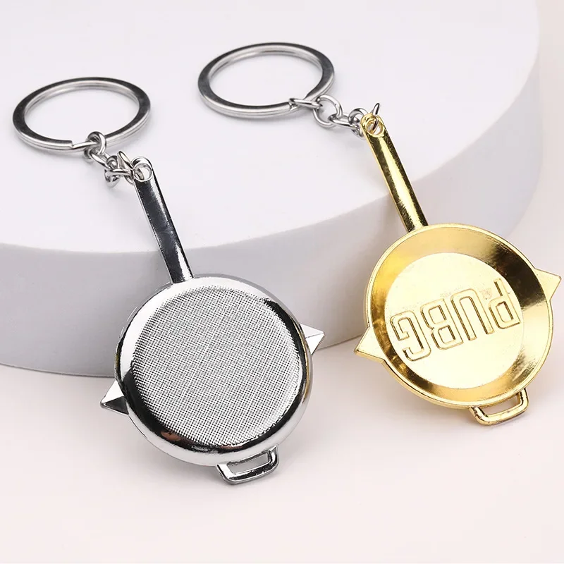 Hot Selling Game PUBG Flat Bottomed Pan Alloy Key Ring Creative Metal Key Chain Backpack Anime Peripherals Pendant Student Gifts