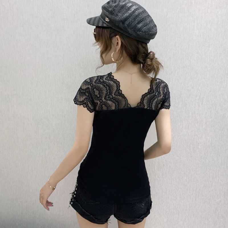 Black Summer Korean Style Cotton T-Shirt Chic Sexy V-Neck Patchwork Lace Diamonds Women Tops Short Sleeve Tees 2024 New 432621