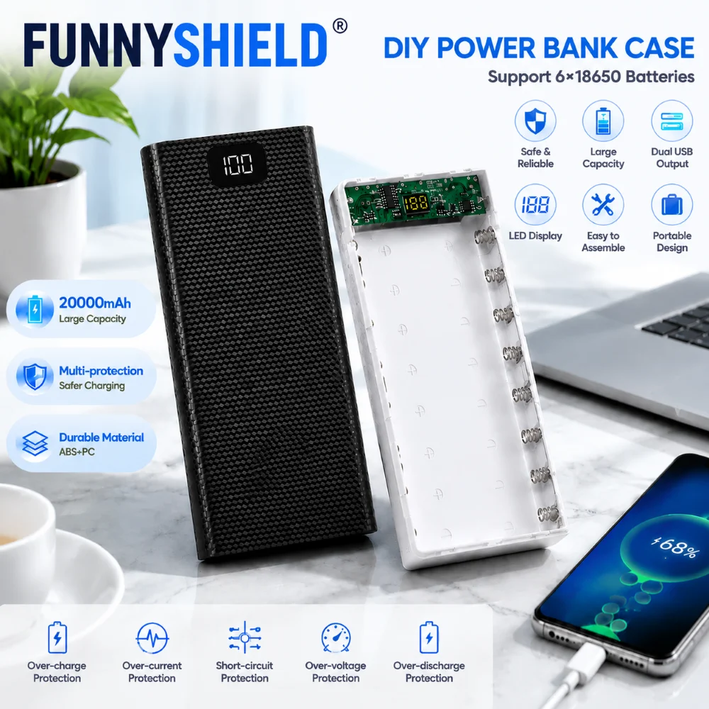 FUNNYSHIELD Caixa DIY para Power Bank 8*18650 20000mAh, Suporte de Bateria Destacável para Power Bank Móvel, Compatível com Todos os Smartphones