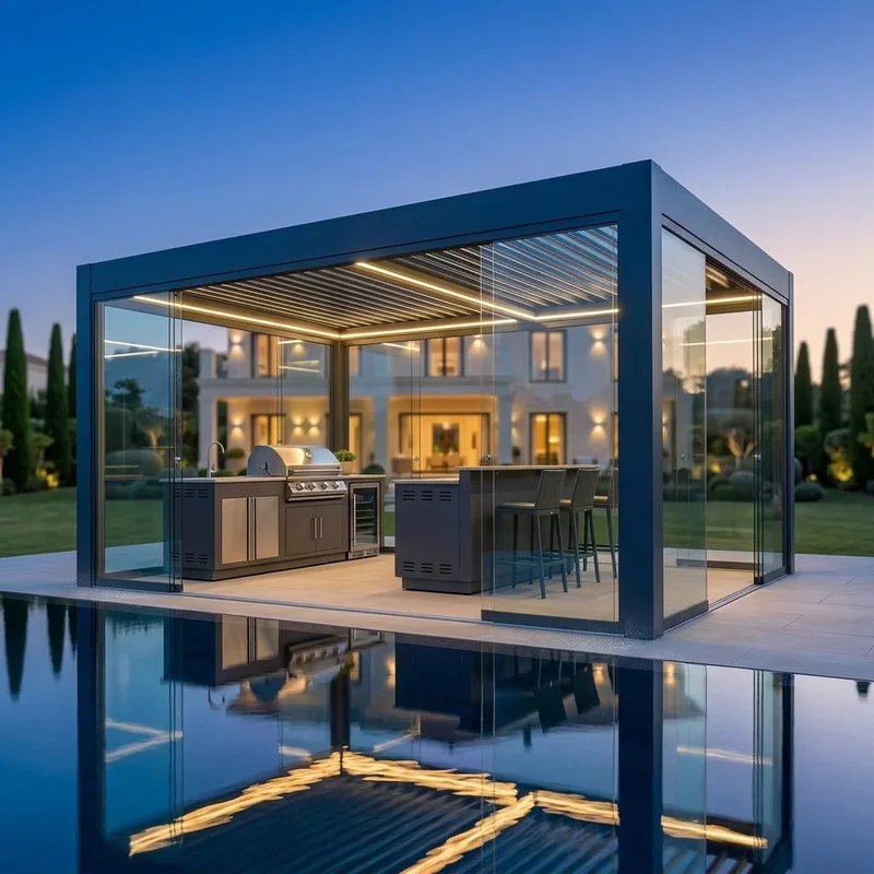 Premium Eco-Friendly Heavy-Duty Aluminum Pergola Hidden Drainage System Minimalist Gazebo Balcony Luxury Hotel