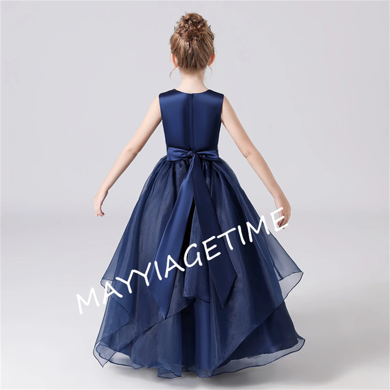 

Navy Blue Sashes Beaded Bow Tiered Flower Girls Dresses Organza Princess Formal Dresses Kids Birthday Party Gown