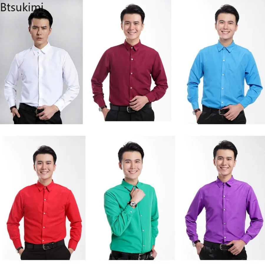 New Style Candy Color Long Sleeve Shirts for Men Fashion Stretch  Slim Business Casual Shirts Men Stage Performance Costume Tops