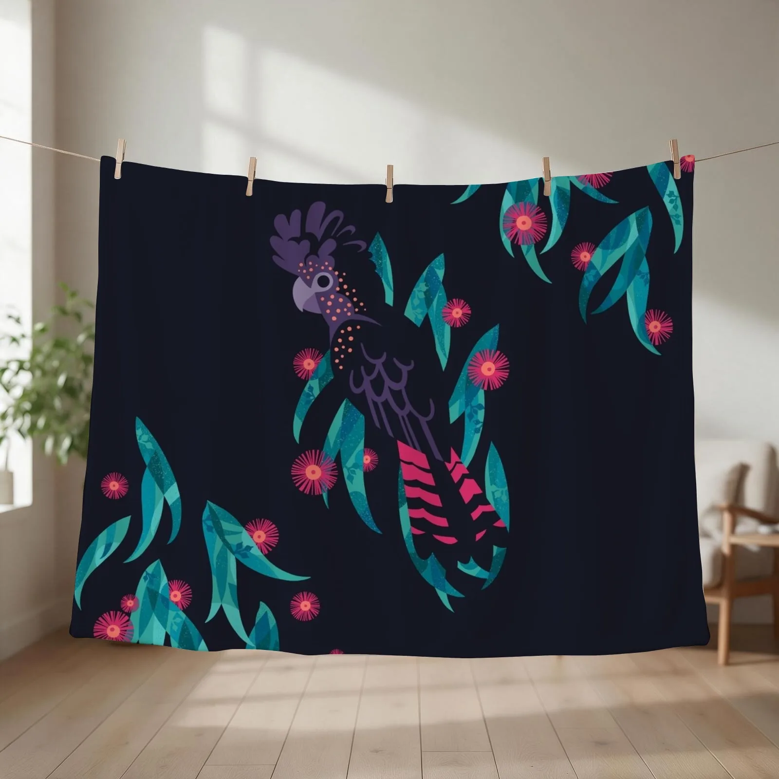 Black Cockatoo Silhouette Throw Blanket couch cozy soft plush fuzzy picnic outdoor blanket