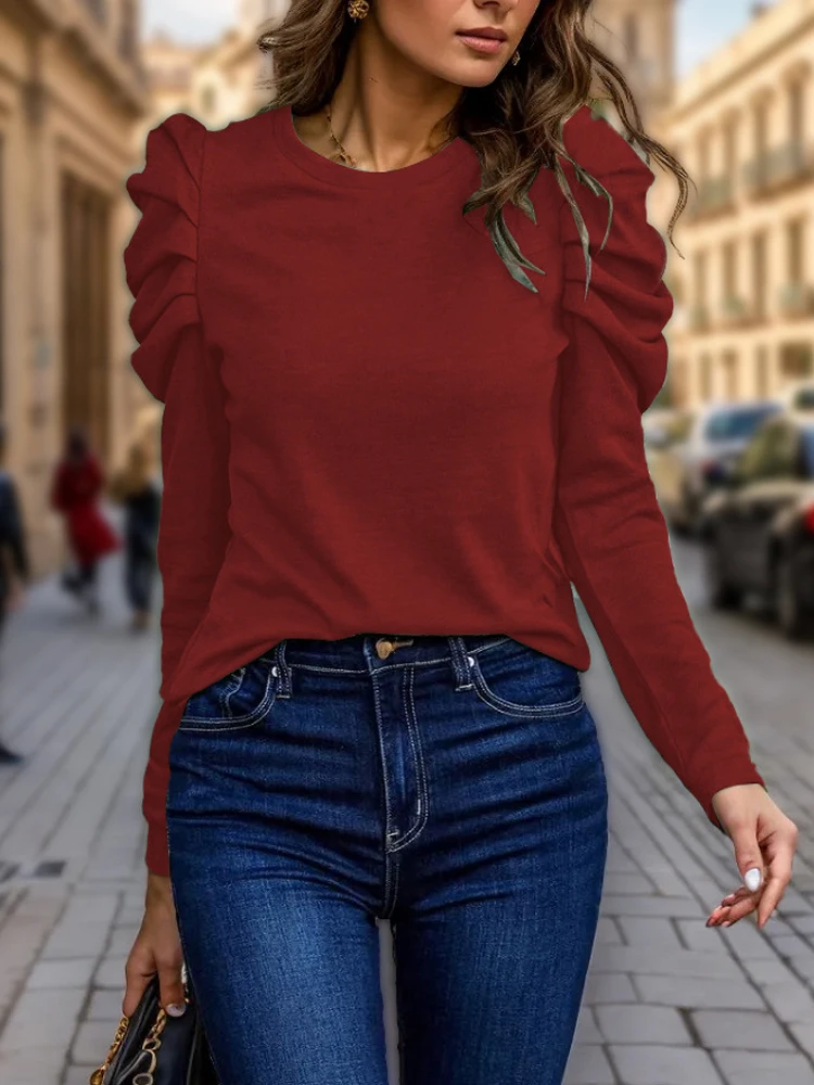 2023 Autumn Winter High Elastic Round Neck Long Sleeve T-shirt Women's Bubble Sleeve Slim Fit Top Solid Color Casual Jumper