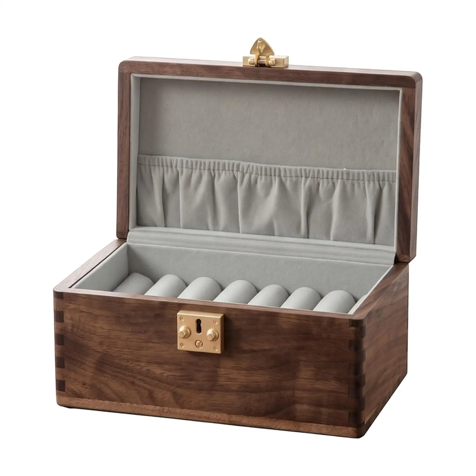 Walnut Wooden Bracelet Jewelry Box Gold-Tone Latch Wooden Jewelry Box with Bracelet Rolls Rounded Edges Lined Interior