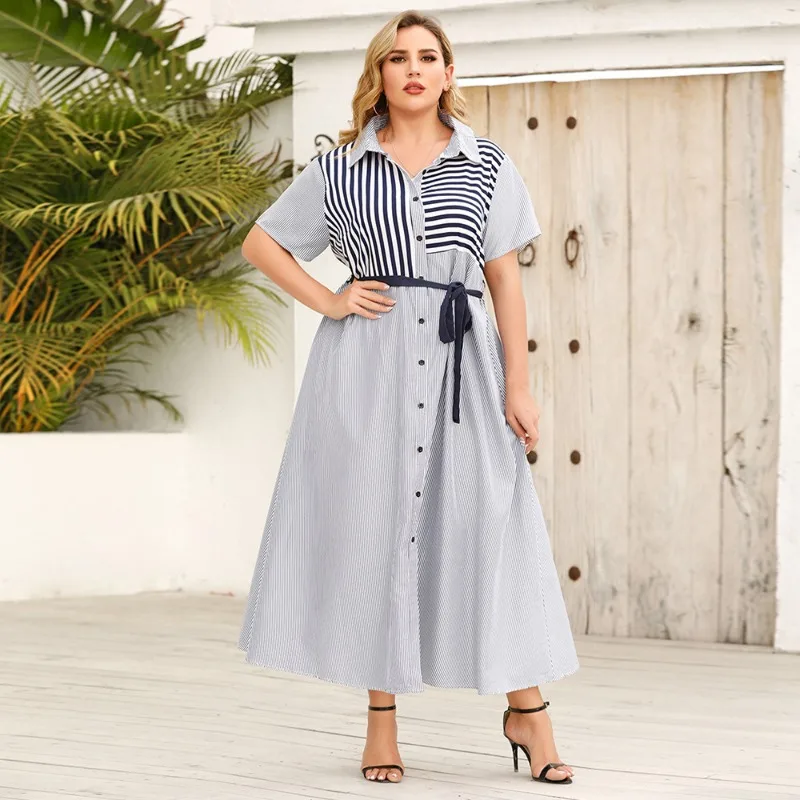 L-5XL Plus Size Dresses for Women Clothing 2023 Summer New Fashion Short Sleeve Stripe Bandage Casual Loose Long Shirt Dress