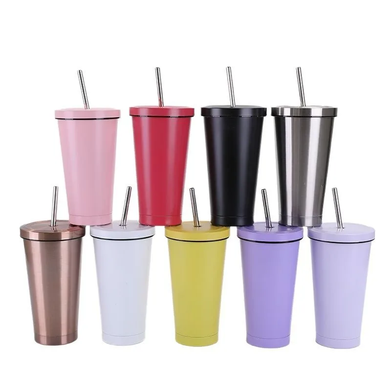 500ml Large Capacity Office Coffee Cup Stainless Steel Straw Cup Portable Home Cooling Insulation Cups Covered Travel Car Cups