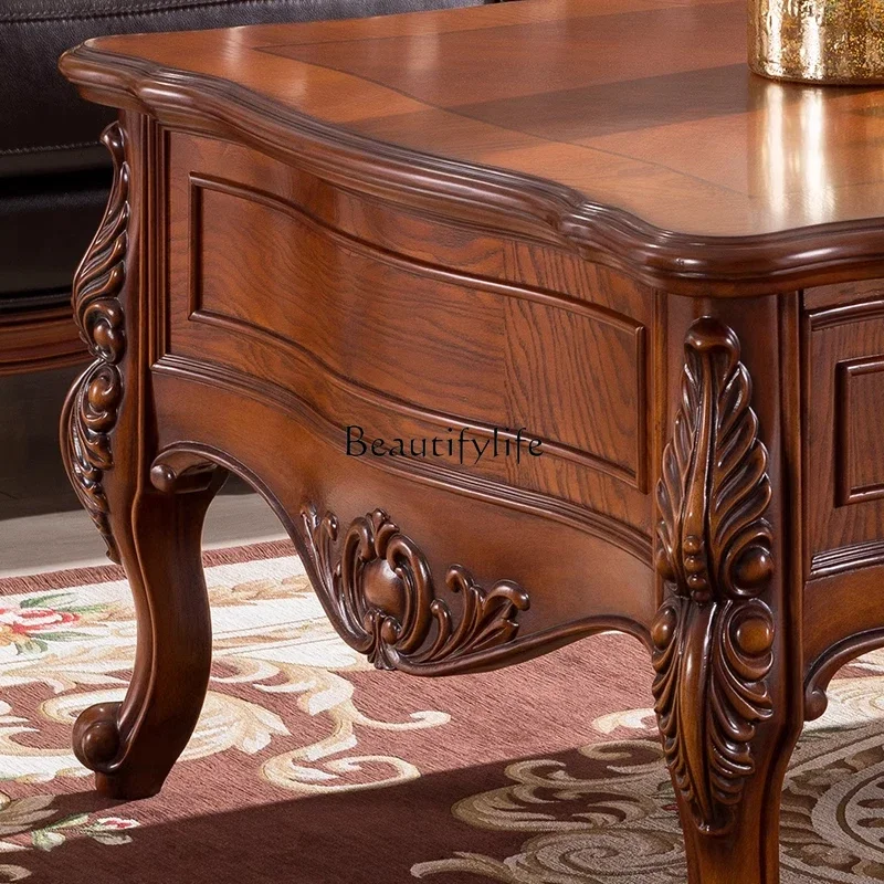 z.American طاولة القهوة الخشبية الصلبة غرفة المعيشة المنزلية تخزين مستطيل منحوتة طاولة شاي كبيرة