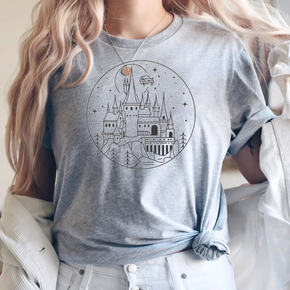 Magical Wizard Castle T Shirts for Women Clothing Universal Vacation Shirt Flying Car Wizard Wand Witchy Witchcraft and Wizardry