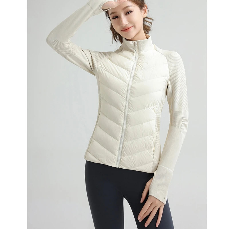 90% White Duck Down Knitted Patchwork Women\'s Down Jacket Sports Yoga Down Jacket Lightweight Stand Collar Women Warm Short Coat