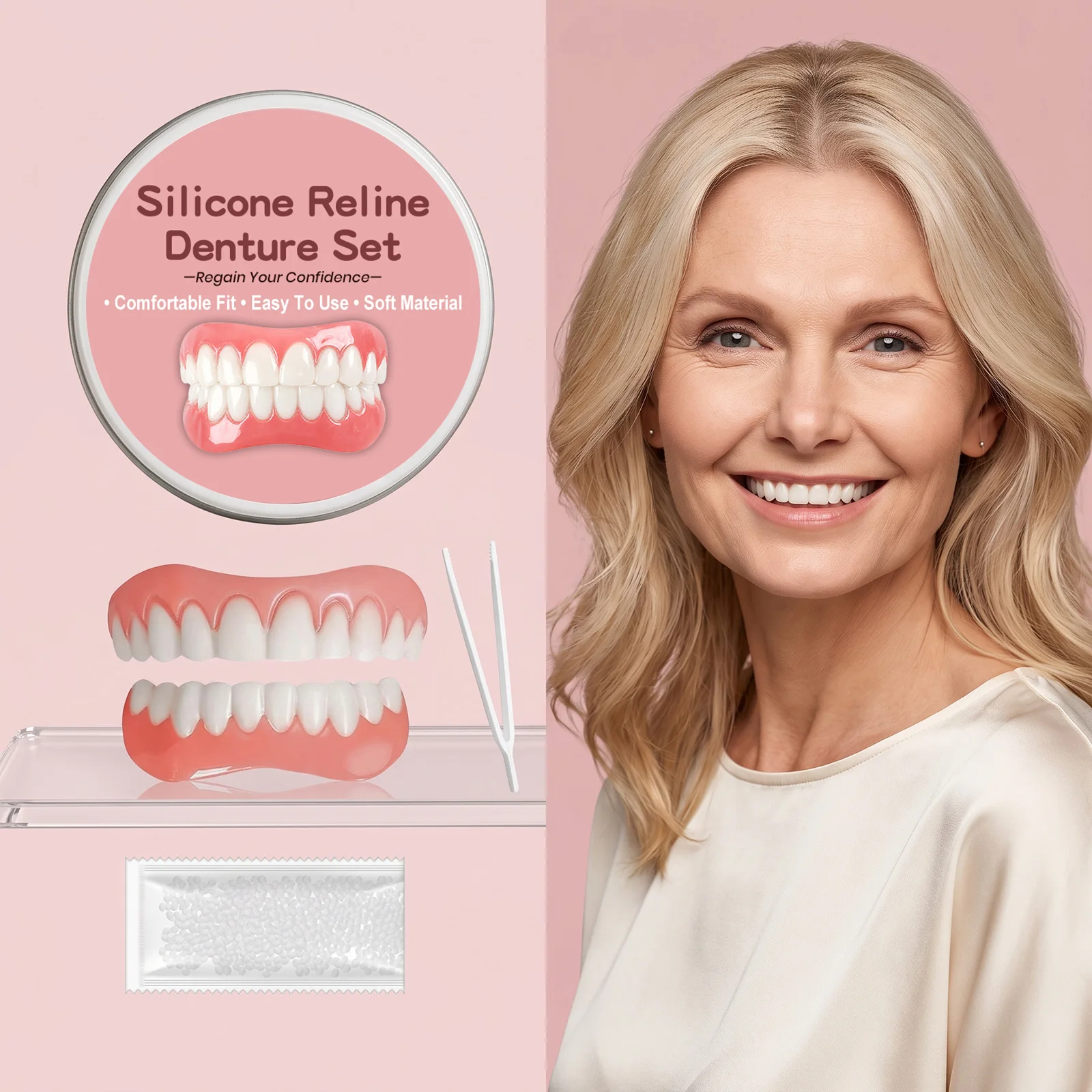 Silicone Reline Denture Set Comfort Fit Fake Teeth Kit Easy Operation Natural Looking Veneers For Cosmetic Teeth Restoration Kit