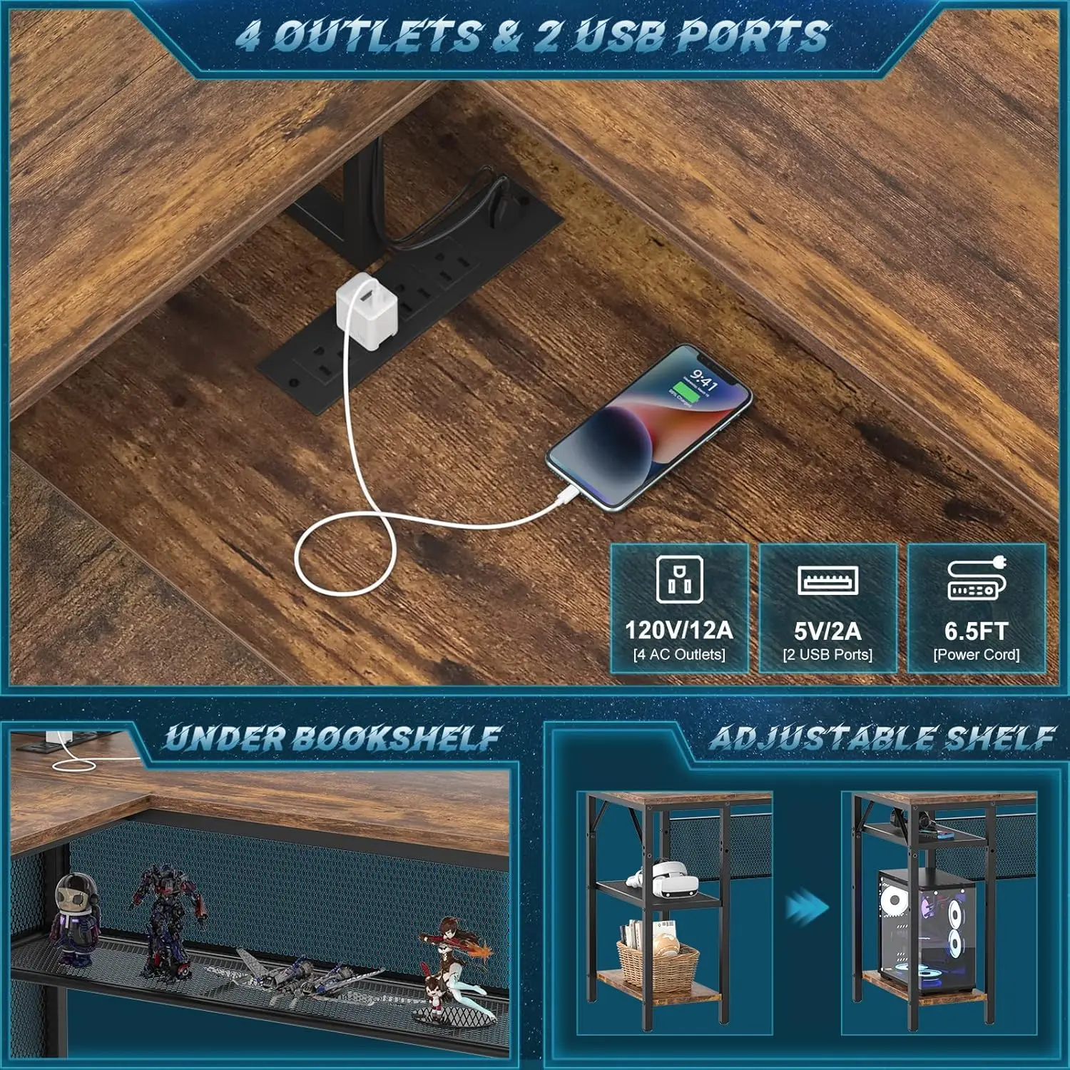 مكتب على شكل حرف L مع ضوء LED ومخرج طاقة، طاولة كمبيوتر زاوية قابلة للعكس مع حامل شاشة ورف تخزين، حديث L- #3