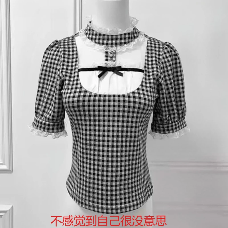 

Japanese Sweet Lolita Style Shirts Women Gothic Y2k Lace Halter Puff Short Sleeve Plaid Blouses Female Princess Kawaii Cute Tops