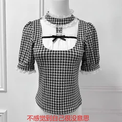 Japanese Sweet Lolita Style Shirts Women Gothic Y2k Lace Halter Puff Short Sleeve Plaid Blouses Female Princess Kawaii Cute Tops