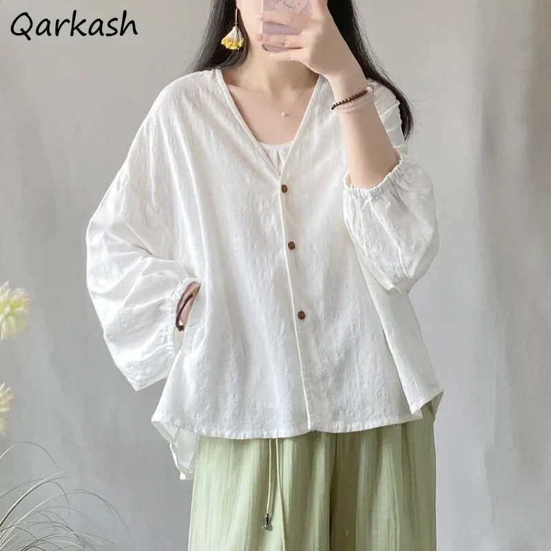 Vintage Batwing-sleeve Shirts Women Solid Literary Sun-proof Loose Lazy Casual All-match Summer Fashion Mature Temperament Lady