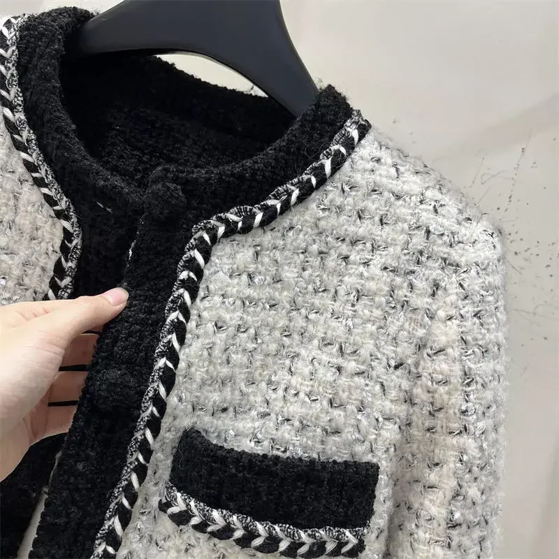 Wanita Tweed O-neck jaket longgar atasan desain Korea kancing sebaris Vintage Manteau Musim Semi jatuh lengan panjang Abrigos Blusas baru