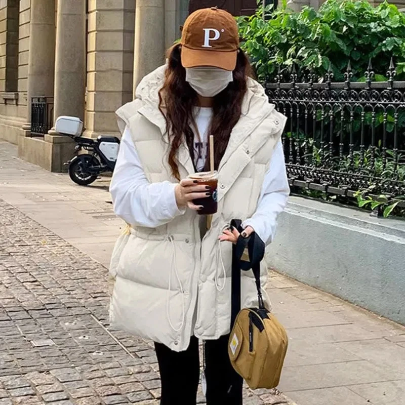 2024 Fashion Winter Hooded Vest Warm Women Puffy Sleeveless Jackets Thicken Down Cotton Chaleco Fashion Adjustable Waist Waistco