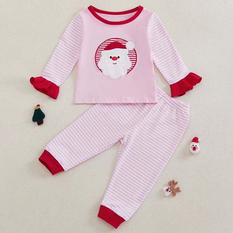 

Kids Baby Girls 2-piece Pajama Sets Long Sleeve Embroidery Santa Claus T-shirt with Striped Pants Loungwear Christmas Sleepwear