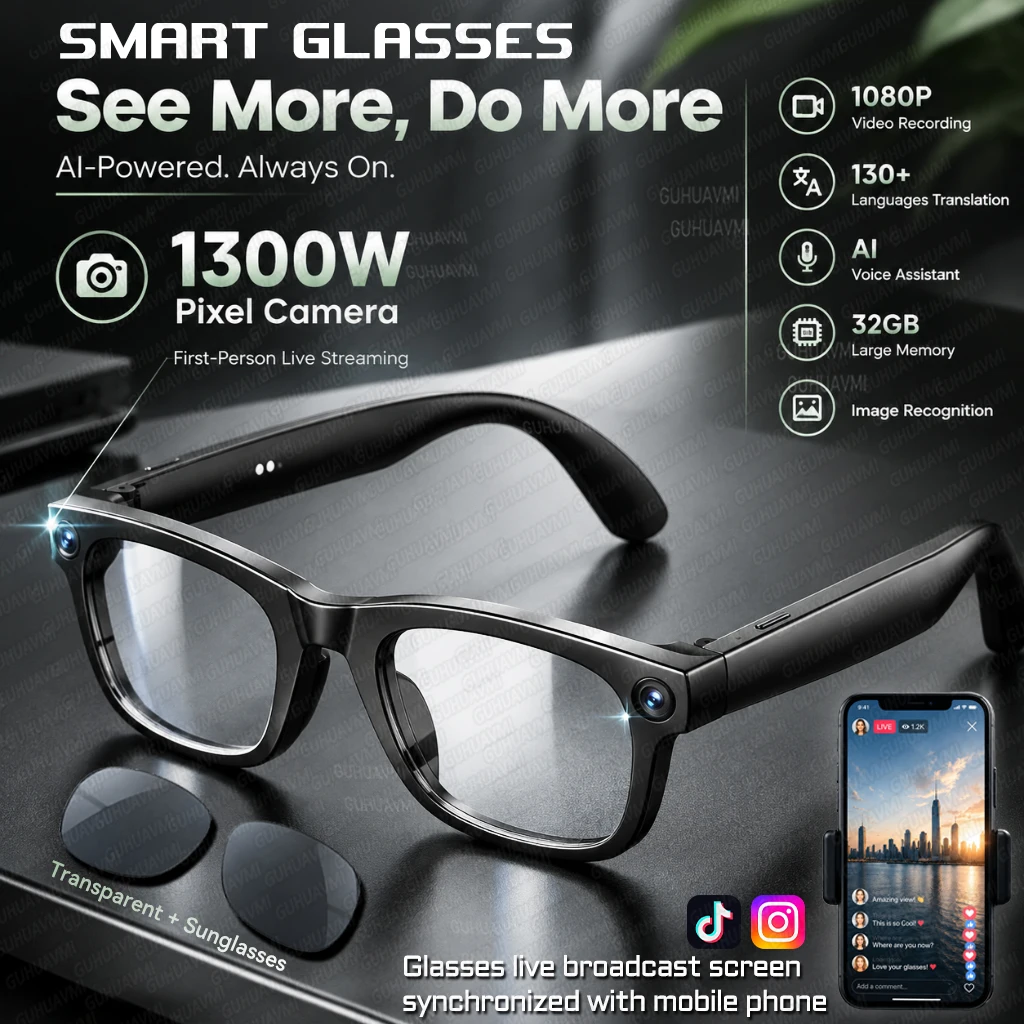 AI LIVE Video Streaming Smart Glasses Men 13MP Camera ChatGPT Translation Open-Ear Speaker Replaceable Sunglasses Lenses Women