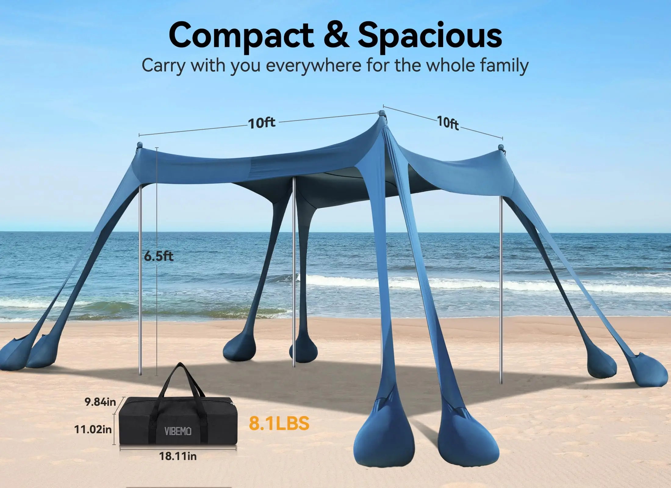 

Beach Tent, Beach Canopy Sun Shade with UPF50+ UV Protection,Includes 8 Sandbags, Sand Shovel, Ground Pegs & 4 Stability Poles