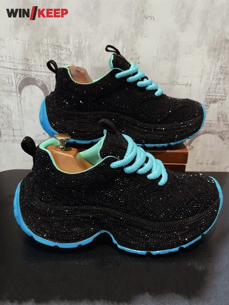 

New Men Outdoor Sport Sneakers Lace Up Breathable Diamonds Mesh Spliced Thick Platform Running Shoes Male Joggers Training Shoes