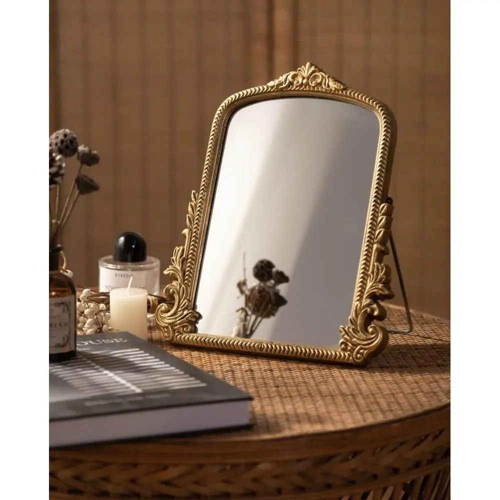 Miroir de courtoisie doré antique avec cadre en bois sculpté, 11,8x9,6 pour salon et chambre à coucher